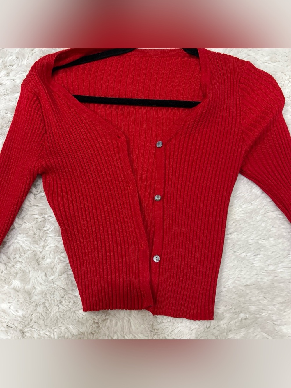 Red Ribbed Button-Front Women's cardigan - Picture 2 of 2